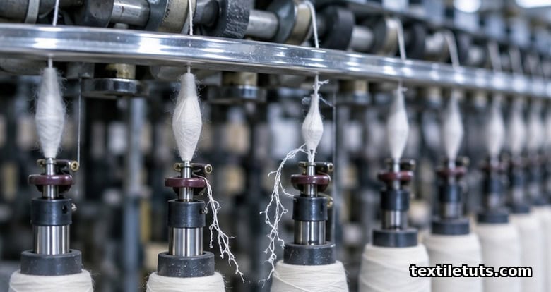 Macro view of a ring spinning frame showing broken yarn ends at spindles and the traveler zone.