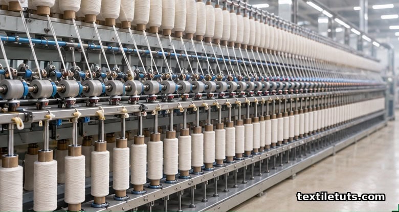 Row of ring spinning frames in a cotton mill, with hundreds of yarn ends running from roving bobbins through drafting rollers to travelers on rotating spindles.