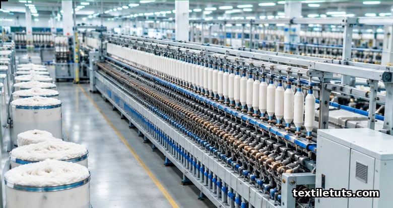 Industrial ring spinning frame in a textile mill with rows of steel spindles under cool factory lighting.