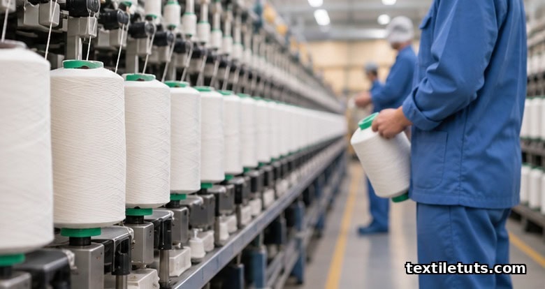 Modern ring-spinning frame with rows of white yarn packages on the mill floor, illustrating process control to reduce yarn count variation.