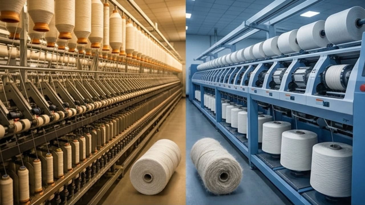 Ring spinning vs rotor spinning machines side by side showing yarn formation differences
