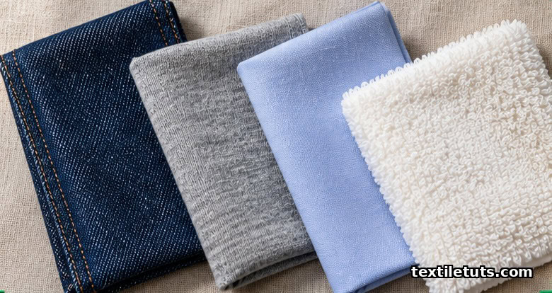 Flat-lay of denim, single-jersey knit, combed shirting, and terry towel swatches showing end uses for ring and rotor spun yarns.