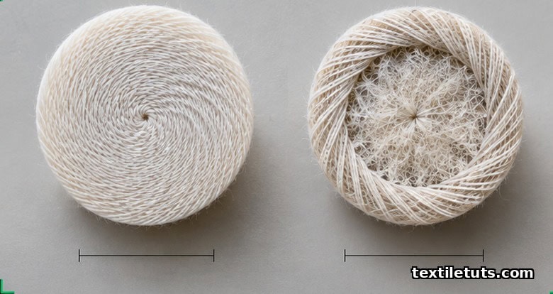 Cross-section comparison of ring-spun yarn with parallel helix fiber structure and rotor-spun yarn with core-wrapper structure.