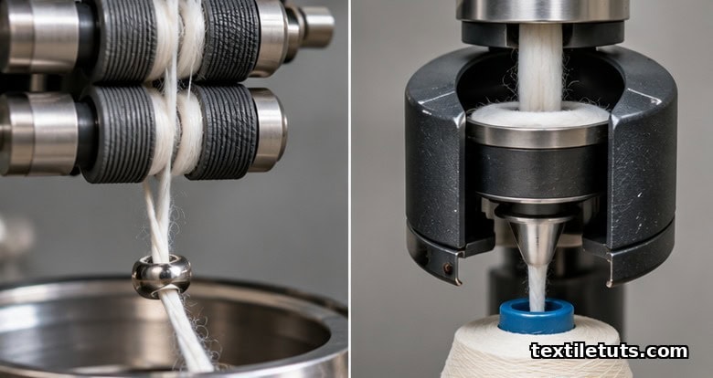 Close-up comparison of ring spinning drafting rollers with traveler and rotor spinning groove with fiber ring being peeled.