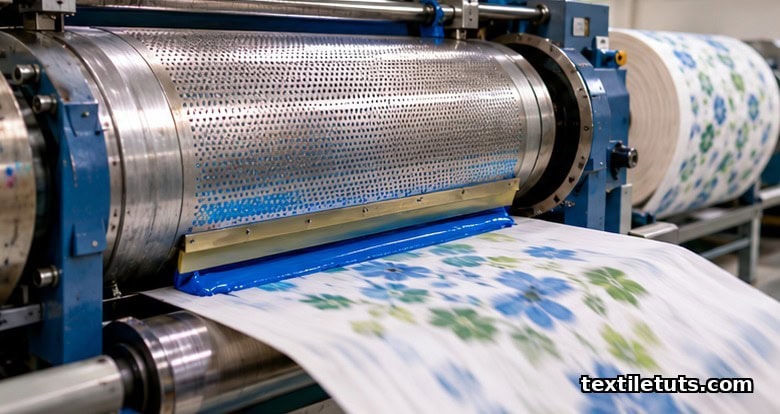 Close-up of a rotary screen press: cylindrical nickel screen with fine perforations depositing ink onto moving cotton fabric.