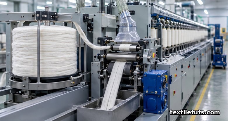 Modern roving frame with a large link-wound roving package and pneumatic suction at the front drafting rollers.