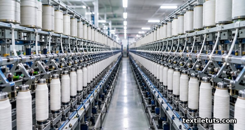 Wide view of a modern cotton roving frame in a spinning mill with rows of flyers, bobbins, and sliver cans.