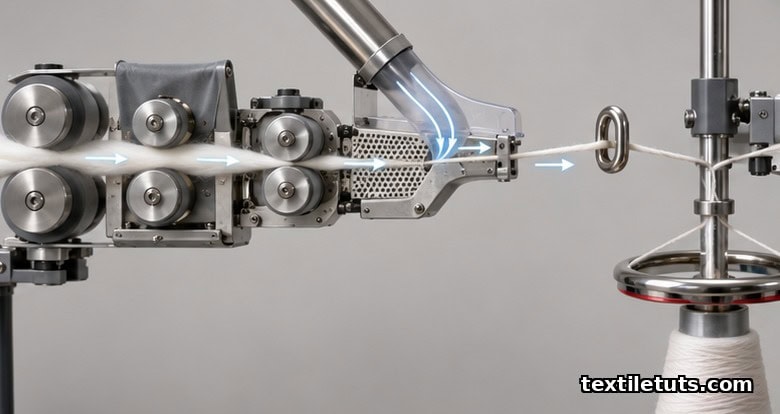 Stainless steel extrusion line in a textile recycling plant drawing molten PET filament from a spinneret onto a white bobbin.