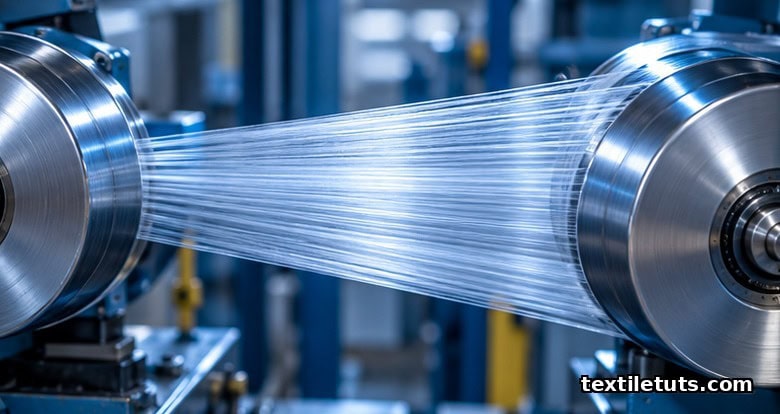 Close-up of fine polyester filament bundles under tensile stress between two rotating godet rollers under cool inspection lighting.