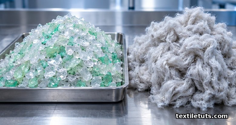 Side-by-side comparison of clear PET bottle flakes and grey rPET staple fiber tufts on a stainless steel workbench.