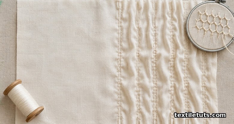 Ruching and smocking fabric panel showing parallel gathers and decorative embroidery stitches on cotton.