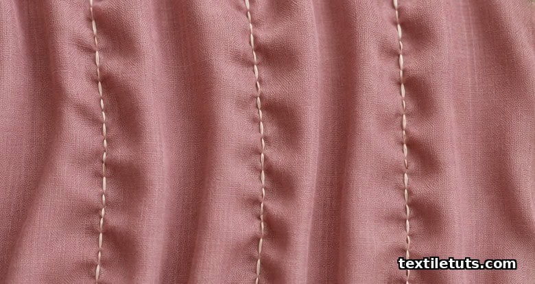 Parallel rows of running stitches gathered into soft folds on lightweight viscose fabric.