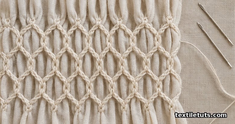 Honeycomb cable-stitch smocking pattern worked over gathered cotton-linen panel.