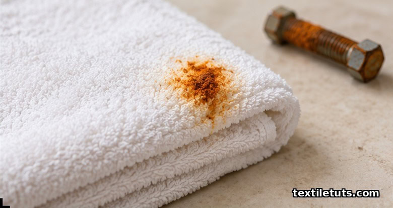 White cotton towel with sharp orange-brown rust stain next to a corroded metal bolt on a pale surface.