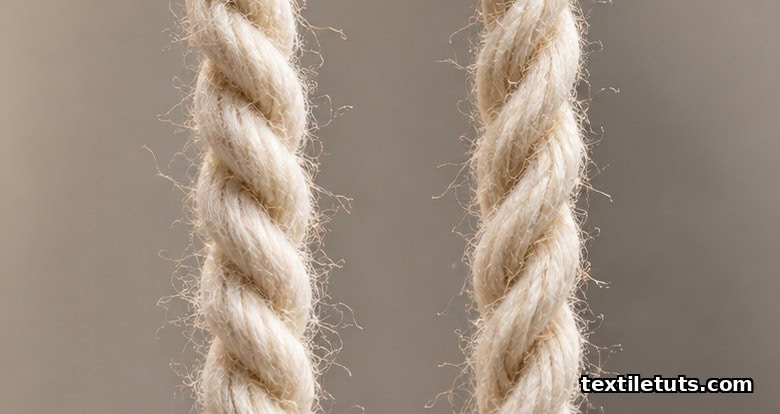 Macro close-up of S-twist and Z-twist yarn strands side by side showing helical spirals