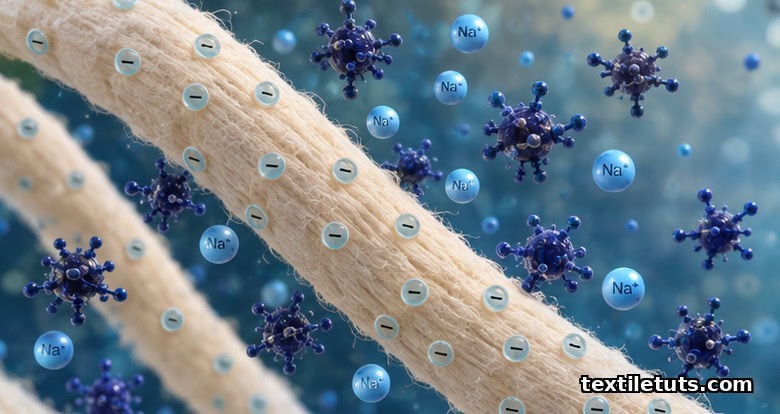 Cotton cellulose fiber surface with sodium ions clustering around negative charges, showing the electrolyte screening mechanism in dye baths.