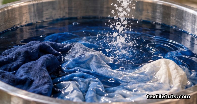 Cotton fabric in deep blue reactive dye bath with crystalline sodium chloride salt grains, illustrating electrolyte-assisted cotton dyeing.