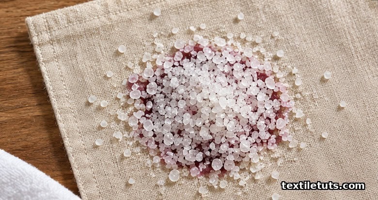 Thick layer of coarse white salt crystals piled over a dark red wine stain on cream linen fabric.