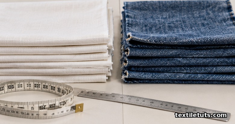 Side-by-side folded samples of smooth sanforized cotton shirting and rougher loom-state denim showing weave difference.