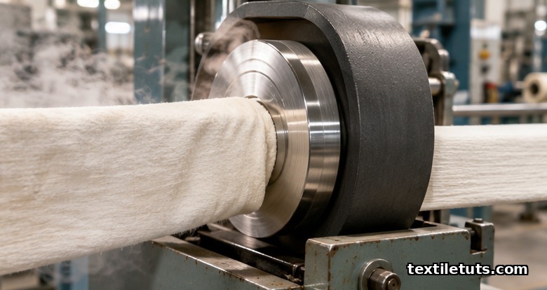 Cotton cloth being compressed through a sanforizing machine's rubber blanket and heated cylinder to control shrinkage.