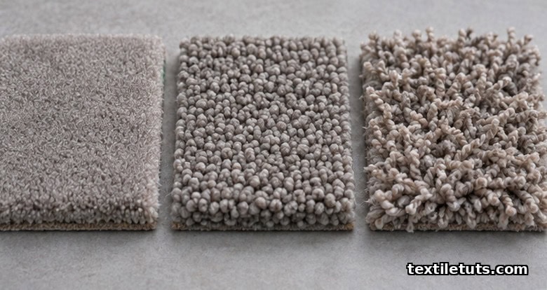 Side-by-side close-up of Saxony, Frisé, and Frieze carpet surfaces showing smooth velvet, tight pebble curl, and rough kinked pile.