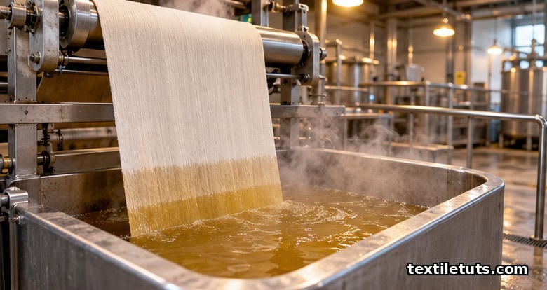 Cotton greige fabric passing through an industrial alkaline scouring bath inside a stainless wet-processing vessel, with steam rising from the liquor surface.