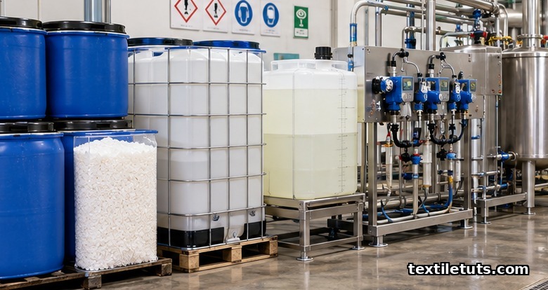 Industrial chemical dosing station with sodium hydroxide drums, non-ionic surfactant totes, and sequestering agent reservoir beside a metering pump.