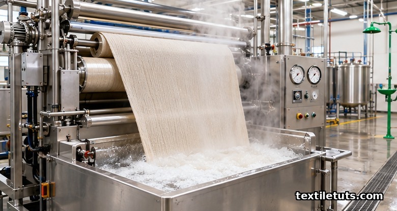 Industrial textile scouring range with woven greige cotton fabric feeding into a steaming hot alkaline bath in a stainless winch machine.
