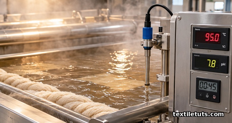 Horizontal scouring vessel with fabric moving through heated alkaline bath, foreground temperature controller, immersed pH probe, and process timer.