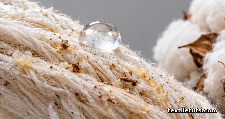 Macro close-up of raw greige cotton fibers coated in wax and pectin with a water droplet beading on the hydrophobic surface.