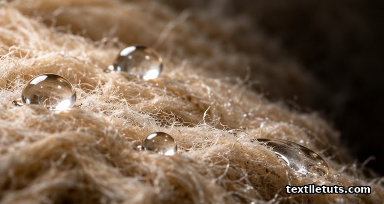 Macro photograph of water droplets beading on hydrophobic raw cotton fiber, showing the surface tension barrier that scouring surfactant must overcome.
