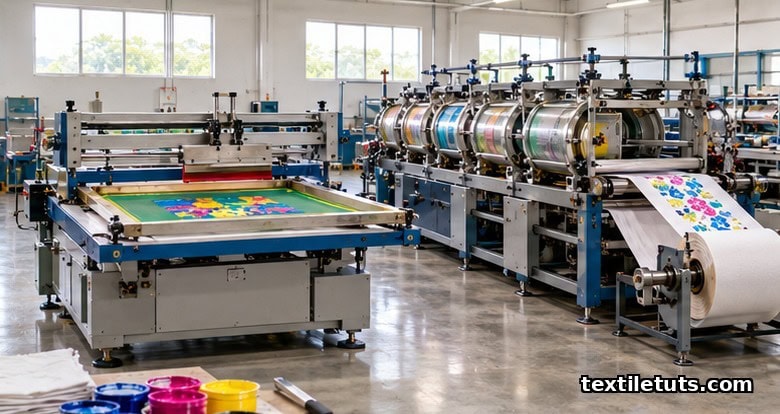 Flat bed screen press on the left beside a rotary screen press with cylindrical nickel screens and continuous fabric feed on a factory floor.