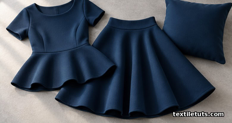 Flat lay of a navy scuba peplum top, A-line skirt, and removable cushion cover on a warm gray background.