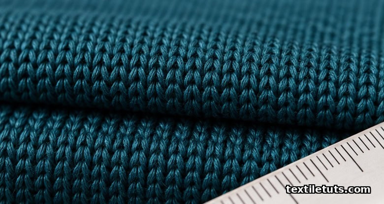 Extreme macro of scuba double-knit interlock stitches showing two interlocked looped yarn layers and fine rib pattern.