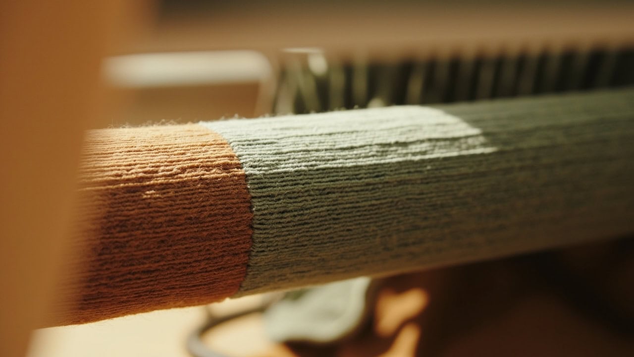Folded bolt of deep teal scuba knit fabric on a gray studio backdrop showing dense spongy loft and clean cut edge.