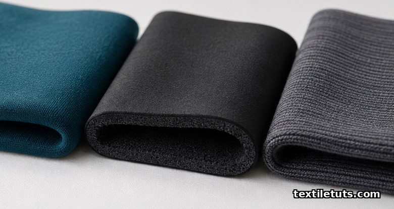 Three folded fabric swatches side by side comparing smooth scuba knit, thicker neoprene foam laminate, and ponte di Roma.