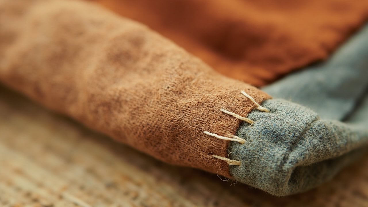 Editorial still life of sewing machine needles, thread cones, and woven fabric swatches illustrating seam construction stitch types.