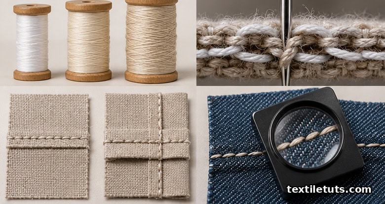 Flat-lay of sewing thread spools, lockstitch needle cross-section, and superimposed versus flat-felled seam swatches.