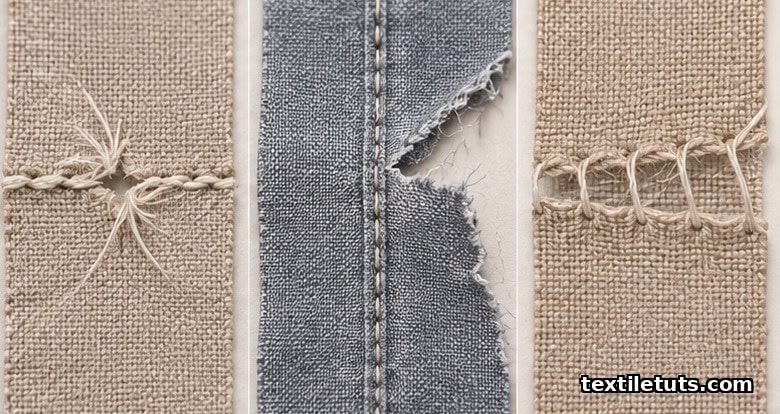 Three sewn seam specimens showing thread break, fabric tear, and thread pull-out failure modes side by side.