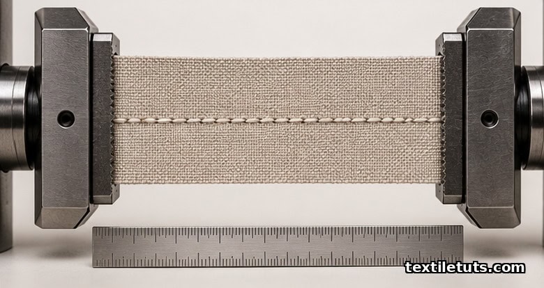 Woven fabric specimen with sewn seam clamped in universal testing machine jaws for seam strength tensile pull test.