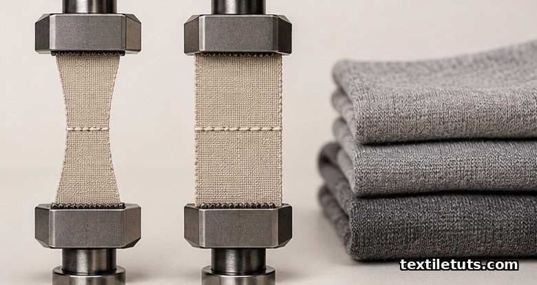 Side-by-side comparison of grab and strip seam strength test specimens mounted in tensile testing jaws.