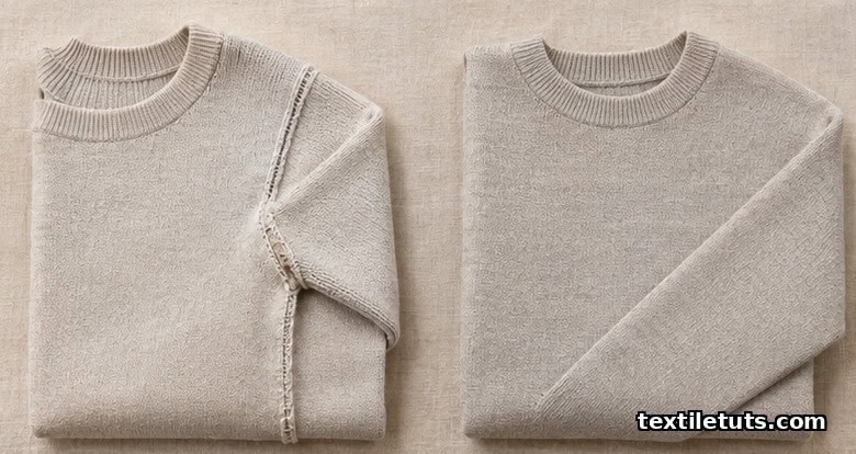 Side-by-side comparison of cut-and-sew knitwear with visible seams and a seamless whole-garment pullover.