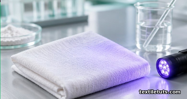 White cotton swatch coated with titanium dioxide nanoparticle finish beside a UV-A lamp, illustrating self-cleaning photocatalytic textiles.