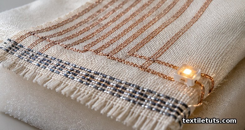 Off-white cotton swatch with printed thermoelectric copper traces and a perovskite photovoltaic yarn woven into the hem, faintly glowing.
