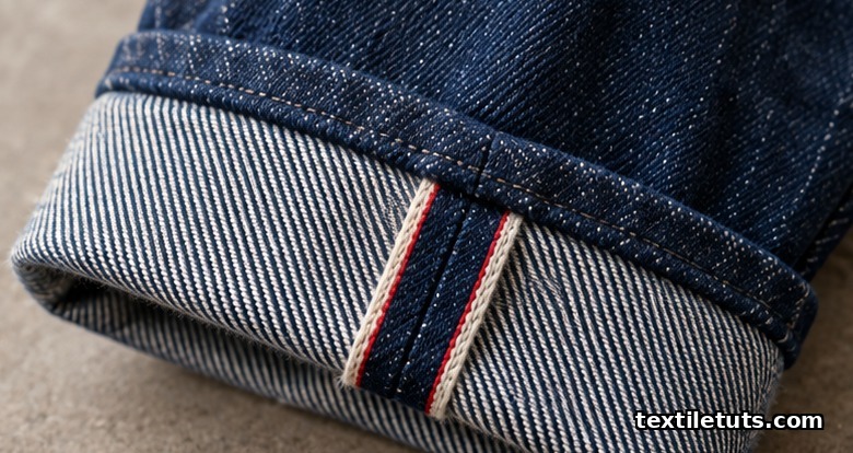 Close-up of a turned-up jean cuff revealing a red woven selvedge stripe running along the inside outseam