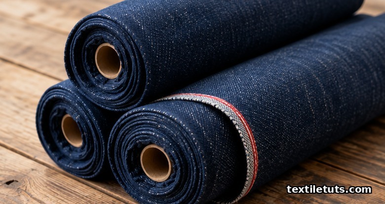Stacked bolts of deep indigo selvedge denim on wood showing the self-finished woven edge with a red stripe