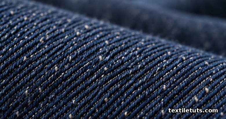 Macro view of a 3x1 right-hand indigo twill weave showing diagonal warp-faced pattern and slubby yarn