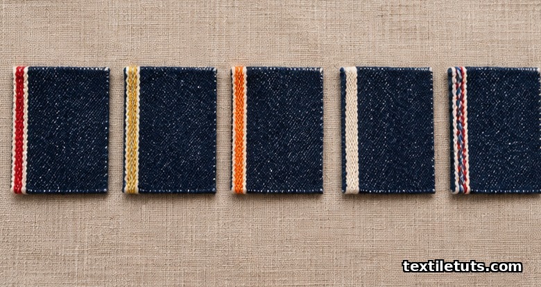Side-by-side denim swatches comparing red, gold, orange, white, and multi-color selvedge ID stripes