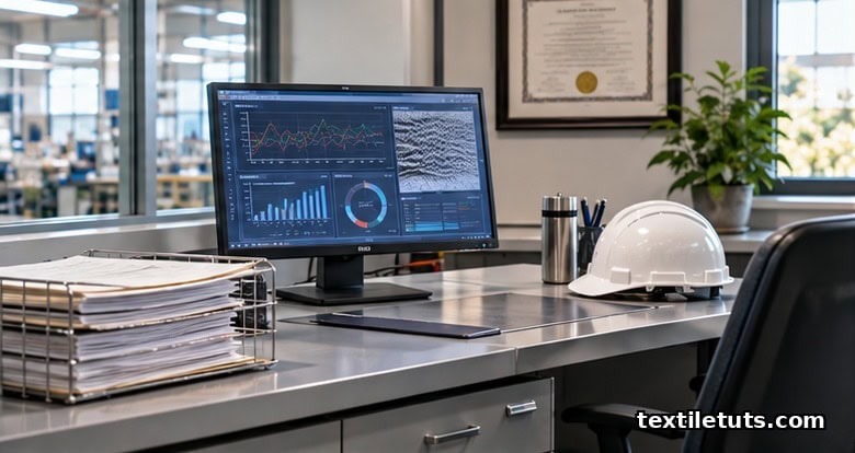 Senior-level textile engineering workstation on a plant floor with process monitor, fabric reports, hard hat, and framed certification.