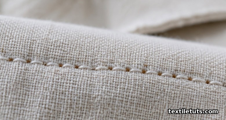 Macro view of a stitched seam on woven cotton fabric showing needle holes and thread tension variation in natural daylight.